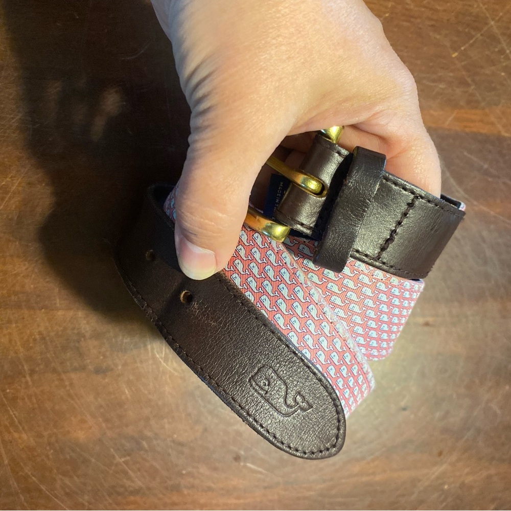 Vineyard Vines Brown Leather & Pink Patterned Webbed Belt